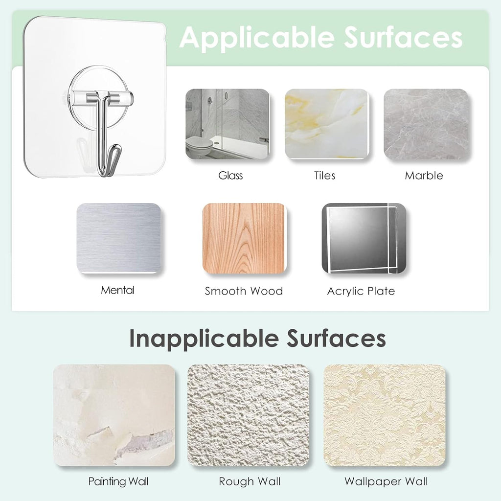Skiennix Wall Hooks - Clear Removable Stainless Steel Adhesive Hooks | 13 lb Capacity, 10 Pack