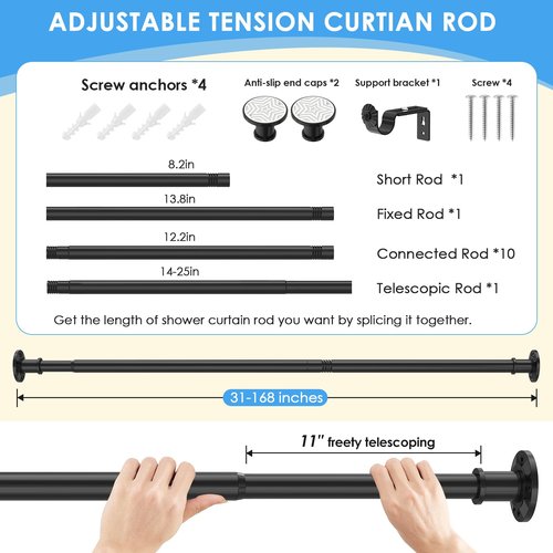 Tension Curtain Rod Extra Long Outdoor Curtain Rod Black Shower Curtain Rods No Drilling 31-168 In（2.58-14Ft）Adjustable Spring Tension Rods Heavy Duty for Bathroom Patio Window Rust Proof