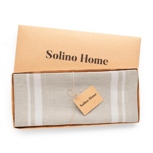 Solino Home Linen Table Runner 144 Inches Long - 100% Pure Linen White and Natural French Stripe Table Runner 14 x 144 Inch for Dining, Spring, Easter