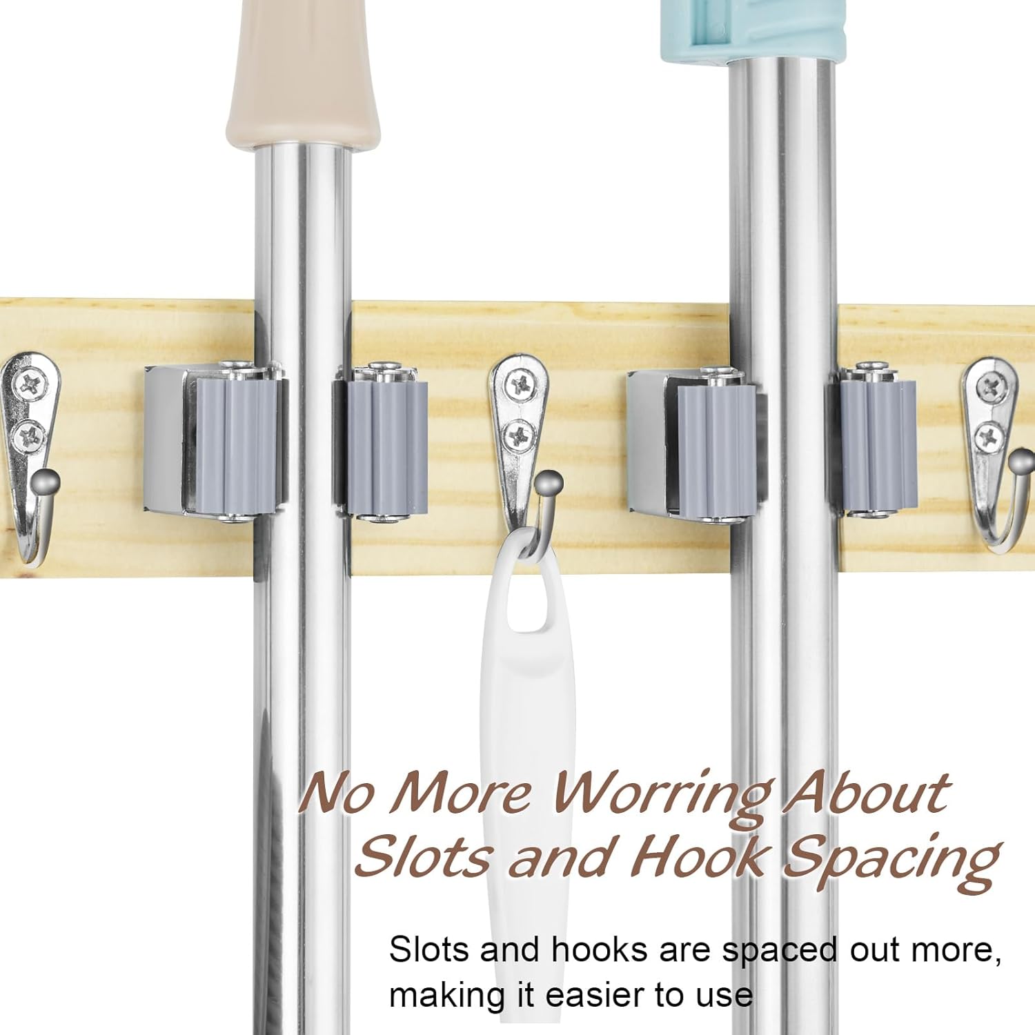 OUTNILI Mop and Broom Holder Wall Mount - Light Wood Organizer with 4 Slots & Hooks for Garage, Closet, Kitchen