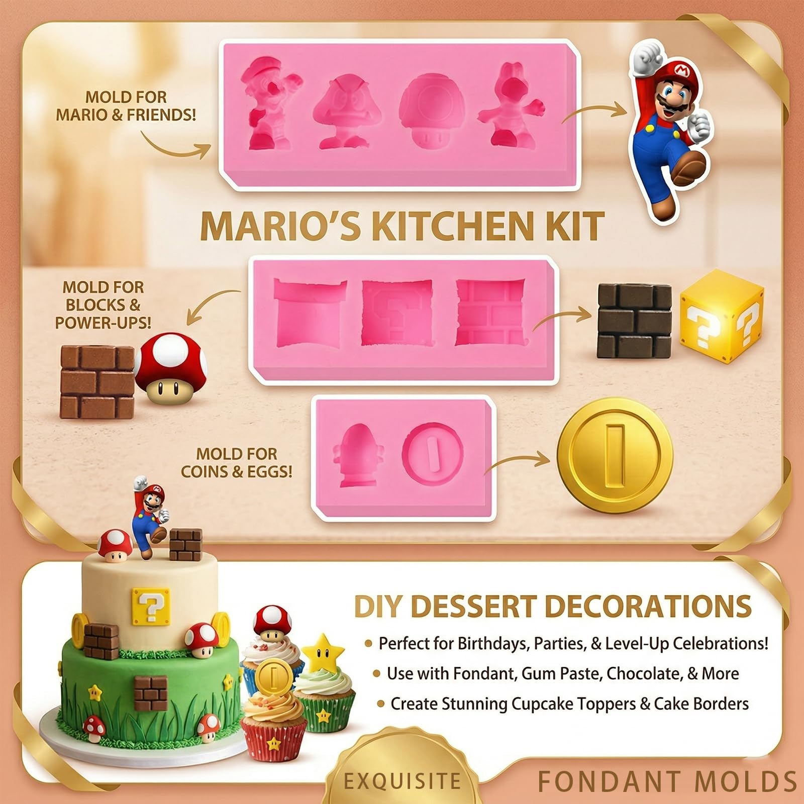 IKOJING Super Cube Chocolate Silicone Mold 3 pcs, Mushroom Dragon Gold Coin Cake Decoration Fondant Molds, for DIY Ice Cubes, Candies, Cupcake Toppers, Resin, Clay, Plaster Molds