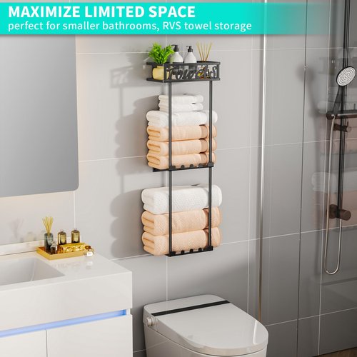 HapiRm Towel Rack Bathroom Storage - 3 Tier Over The Door & Wall Mounted Rolled Towel Racks Holder Organizer with Metal Shelf and 6 Hooks for Small Bathroom, Camper, Rv - Black (for 1.77 in Doors)