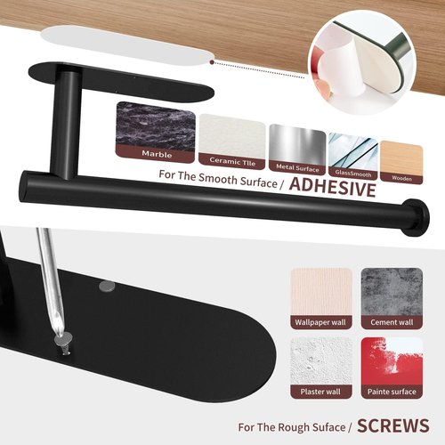 DEKAVA Paper Towel Holder - Under Cabinet Wall Mount, Self-Adhesive SUS304 Stainless Steel, 13 Inch (Black)