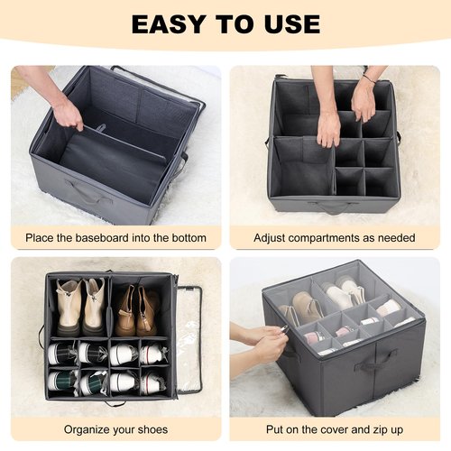 JeasEagn Fabric Shoe Organizer for Closet, Foldable Shoe Storage Bins with Clear Cover, Shoe Container with Adjustable Dividers, Fits up to 16 Pairs, Gray