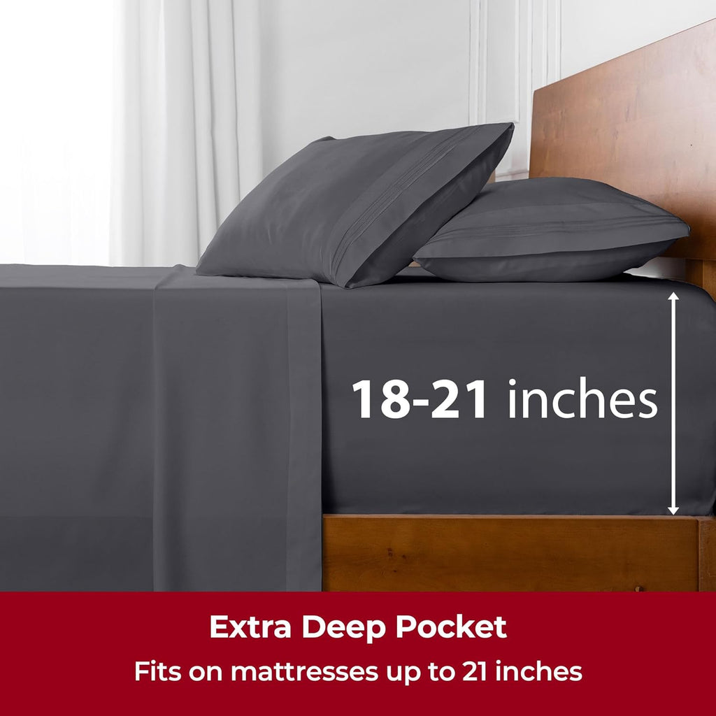 Mellanni Extra Deep King Sheets - Hotel Luxury Bedding Set | Ultra Soft, Cooling, Wrinkle-Resistant (King, Gray)