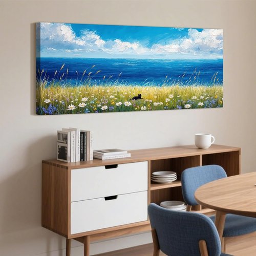 Black Cat Canvas Wall Art - Abstract Beach Floral Prints | Coastal Daisy Flower Artwork 16"x8"