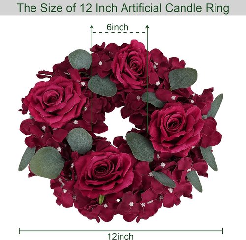 Artificial Flower Candle Rings - 6-Inch Burgundy Rose Wreaths with Butterflies for Wedding & Christmas Decor