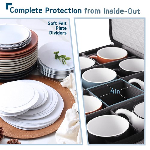 Fine China Hard Shell Dish Organizer - 5 Piece Stackable Mug and Plate Storage Containers with Dividers for Moving and Seasonal Storage, Grey