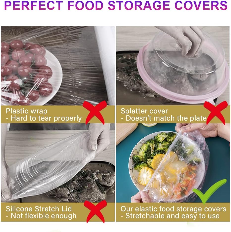 Skiennix Reusable Plastic Bowl Covers - 200PCS Food Storage Elastic Covers for Leftovers | Ideal for Picnics