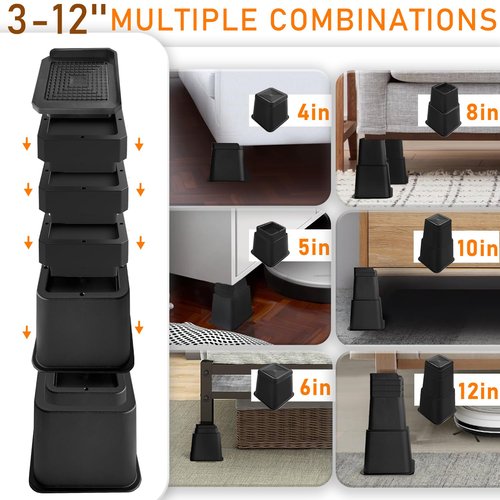 shouwuhho Bed Risers 12 inch Heavy Duty, Oversized Furniture Risers Support up to 6,000 Lbs for Sofa Table Couch Chair Leg Frame Dorm (4 Pack, Black, 12 inch)