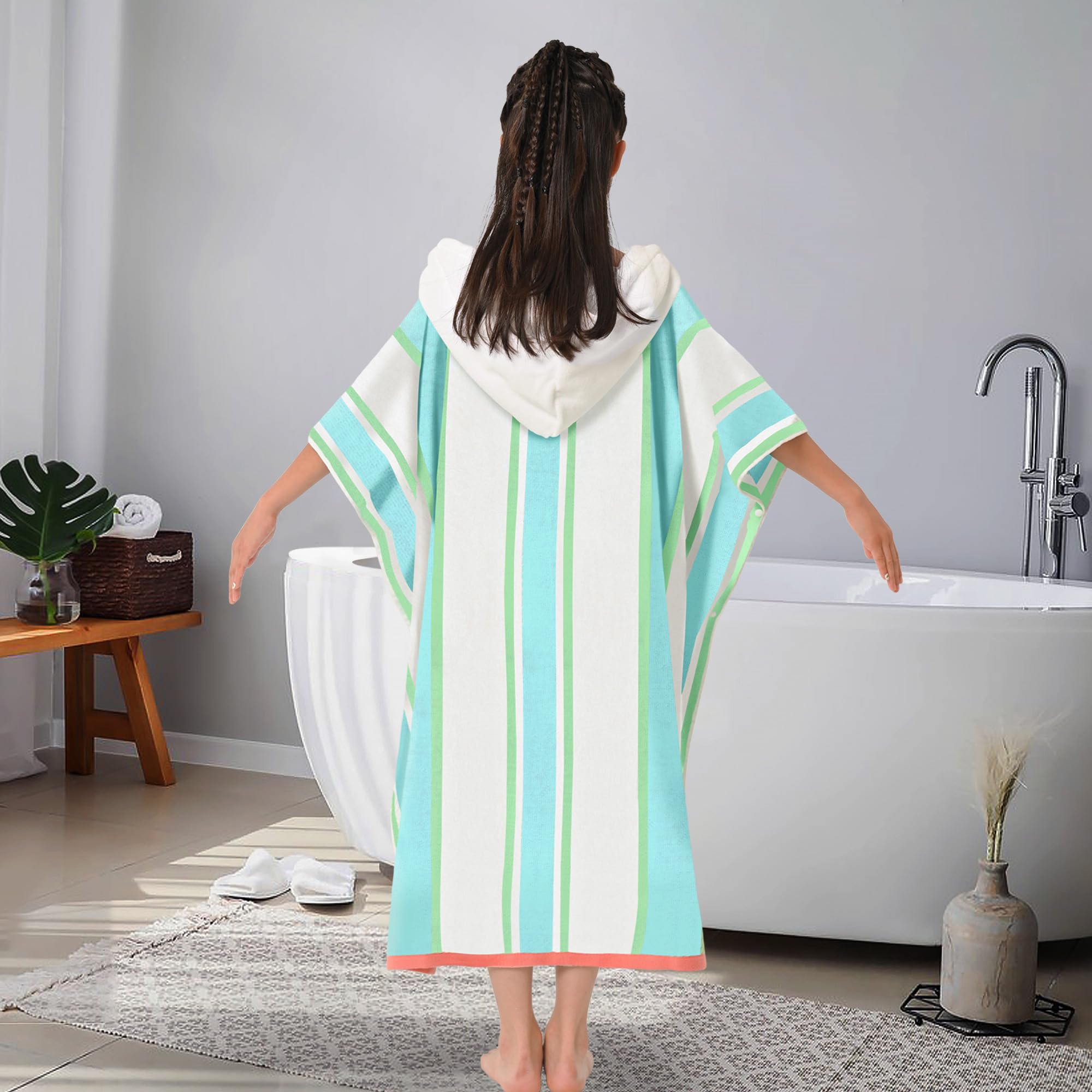 VOOVA & MOVAS Hooded Poncho Towels for Teens (8-16Years), 100% Cotton Thick Poncho Towel for Big Kids, Perfect for Pool, Beach, Bath, Green White Stripe