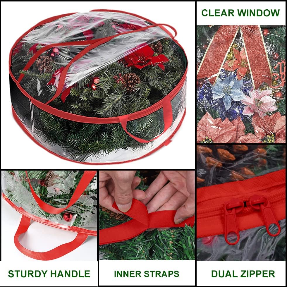 ProPik Christmas Wreath Storage Bag - Waterproof 30" Clear PVC Container | 2-Pack Red Wreath Holder