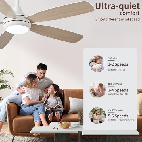 42 Inch Solid Wood Ceiling Fans with Lights and Remote, Dimmable 6-Speed Outdoor Ceiling Fan with Light, 5 Blade Ceiling Fan with 3-Timer Reversible DC Motor for Bedroom, Living Room - White ﻿