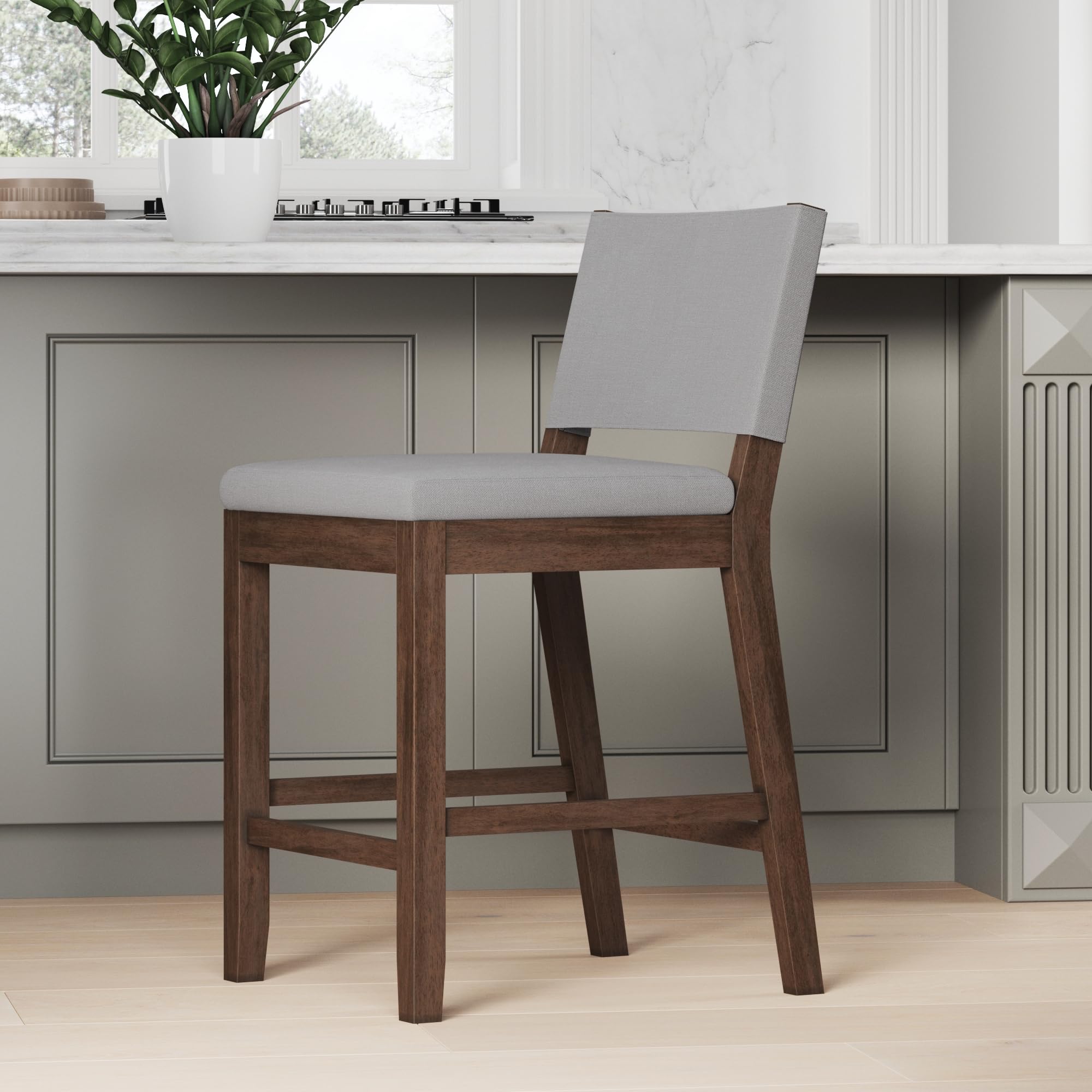 Nathan James Linus Modern Upholstered Counter Height Bar Stool with Back and Solid Rubberwood Legs in a Dark Brown Wood, Natural Light Grey/Brown