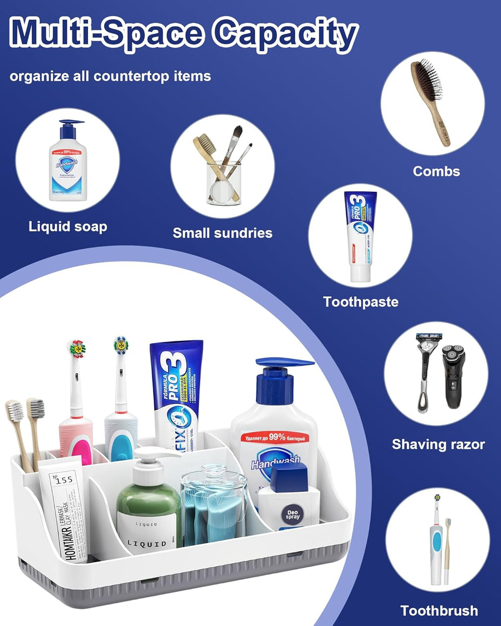 Skiennix Bathroom Counter Organizer - 7 Slot Detachable Toothbrush Holder | Anti-Slip Vanity Storage for Adults & Kids