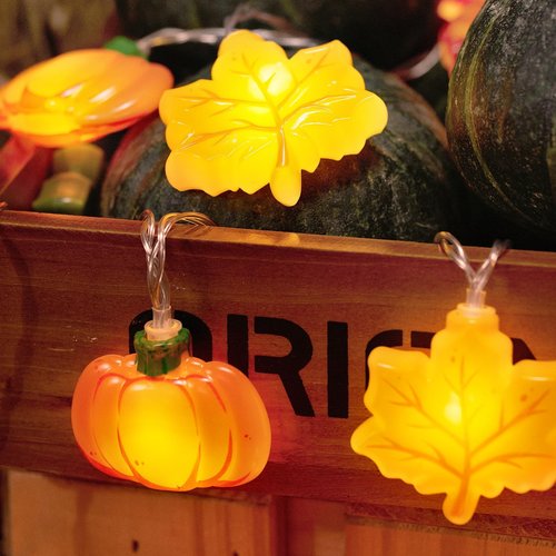 LOLStar Fall Decor Lights, 9.8FT 20 LED Thanksgiving String Lights, Battery Operated (Not Included) with Timer Function and 8 Flash Modes, Pumpkin, Maple Leaf, Acorn Light for Autumn Home Indoor Decor