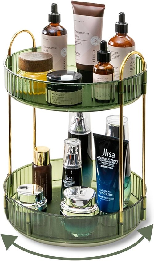 Asayuee 360° Rotating Makeup Organizer - Large Capacity Skincare & Perfume Holder | Green 2-Tier Design