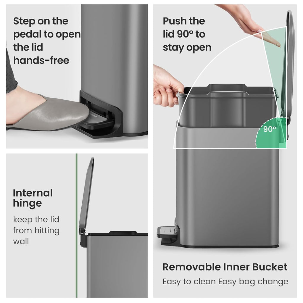Cesun Stainless Steel Bathroom Trash Can - 6L Soft Close Lid & Step Pedal | Anti-Fingerprint Gray Finish