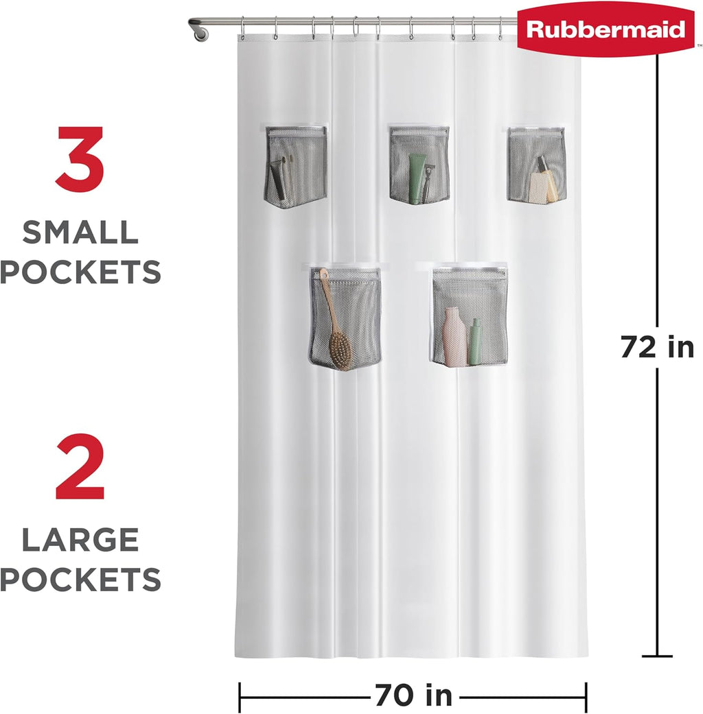 Rubbermaid Waterproof Shower Curtain Liner - Heavyweight PEVA with 5 Storage Pockets | 70x72, Frosty