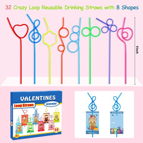 WEMEMORN 32 Pack Valentine's Day Cards for Kids with Crazy Loop Straws Bulk Toys, 8 Styles Valentines Greeting Cards for Boys Girls, Valentine's Prizes Party Favor School Classroom Gifts Exchange