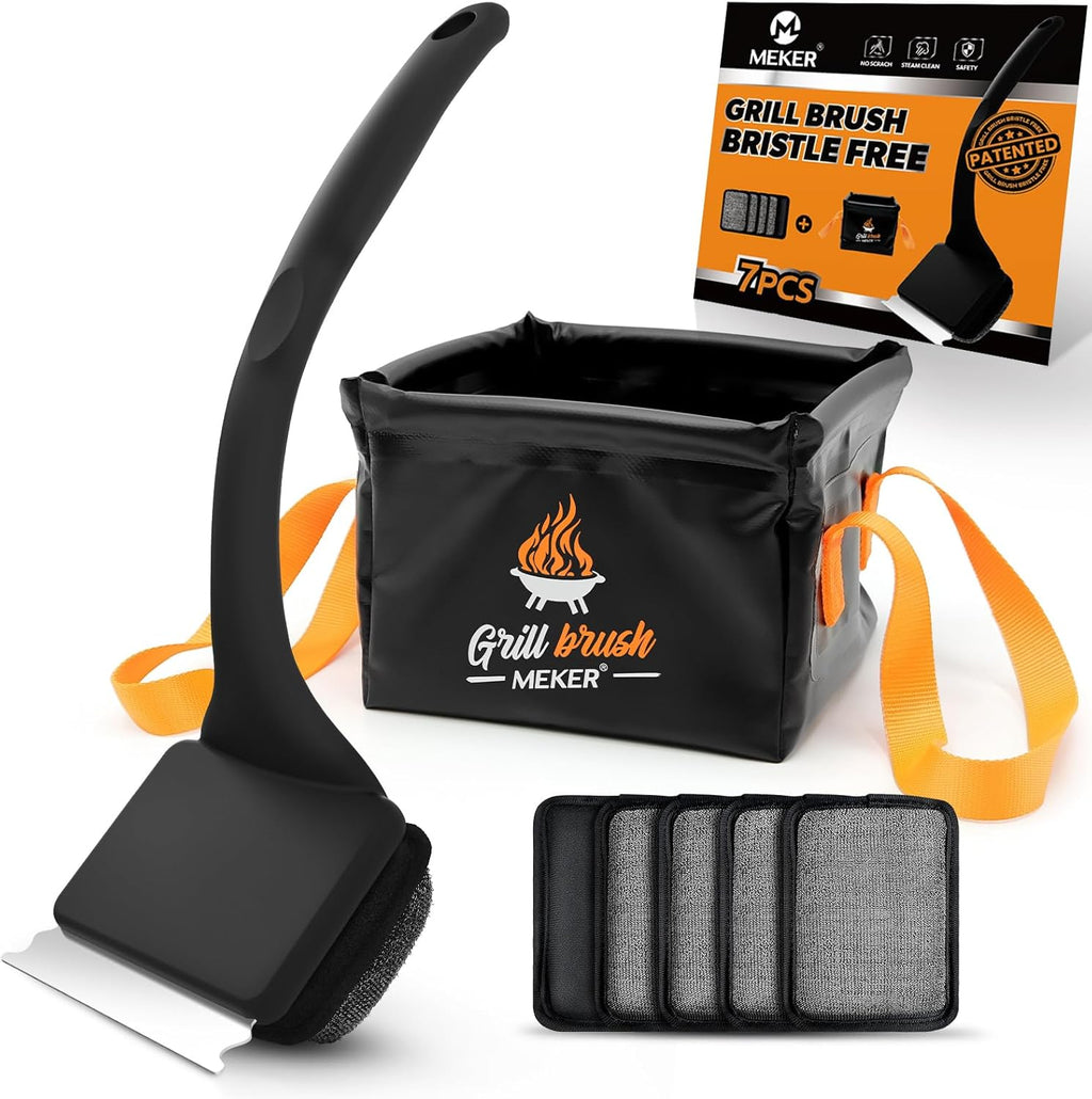 MEKER Grill Brush - Bristle-Free Design with Collapsible Bucket | 7-Piece Set for Easy Outdoor Cleaning, Black