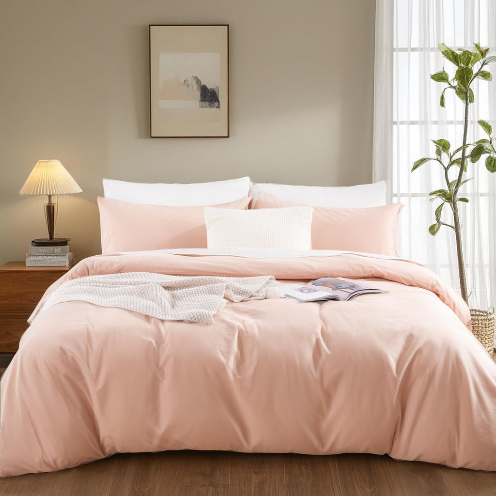 NEXHOME PRO Duvet Cover Set Kids Twin Size Linen Feel Textured Organic Natural 100% Washed Cotton Duvet Cover 2 Pieces Bedding Set with Zipper Closure, Breathable, Dusty Pink(No Comforter)