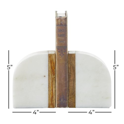 Deco 79 Marble Decorative Bookends 5 lbs Non Skid Bookends with Wood Details, Set of 2 Office Bookends4"W, 5"H, White