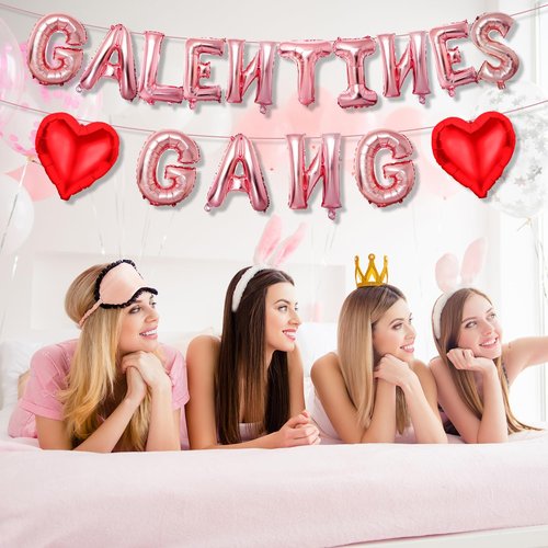 Happy Galentines Day Balloons Decorations, 16 Inch Red Pink GALENTINES GANG Banner Heart Shape Foil Balloons for Girls Birthday Engagement Party Valentines Day Decorations