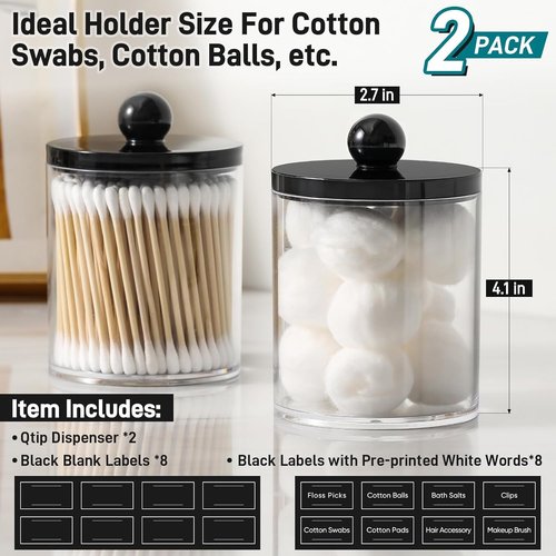 Clear & Black Acrylic Qtip Holder Dispenser Set | 2-Pack Cotton Swab & Makeup Storage Organizer