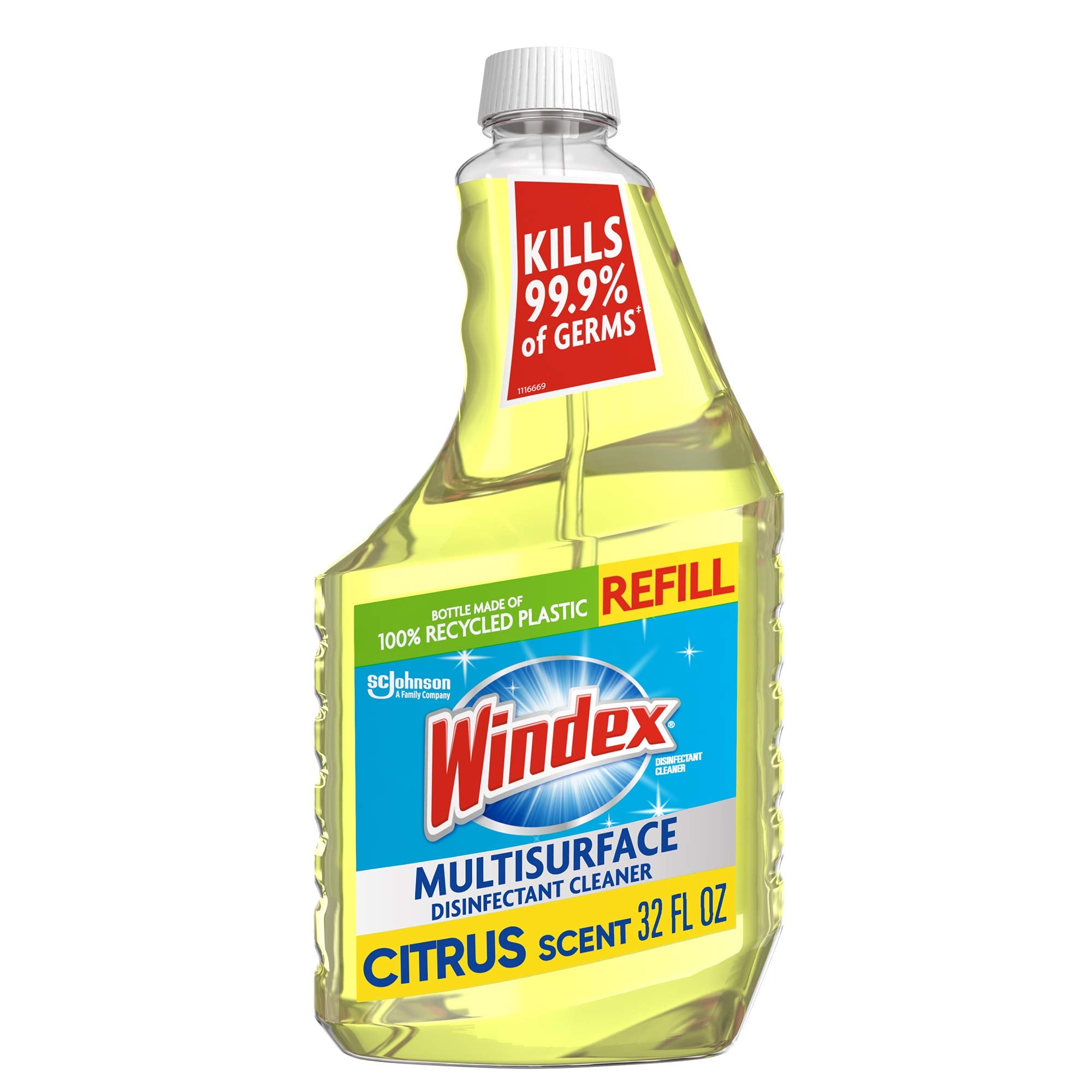 Windex Refill Multipurpose Cleaner Disinfectant Spray, Bottle Made from 100% Recycled Plastic, Surface Cleaning Spray, Citrus Fresh Scent, 32 Fl Oz