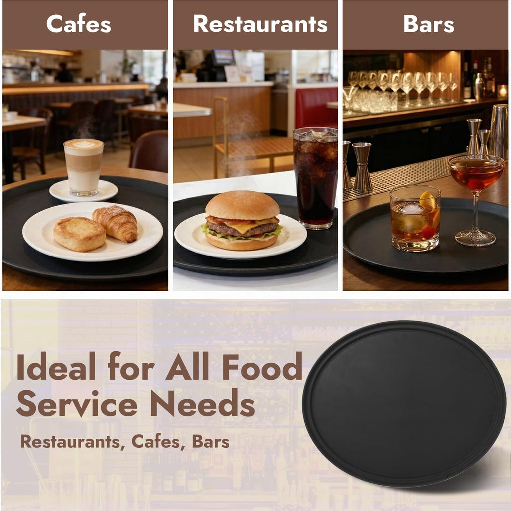CURTA 2-Pack Restaurant Grade Non-Slip Tray, NSF, Oval 22-Inch x 27-Inch, Plastic Rubber Lined Round Serving Tray, Black