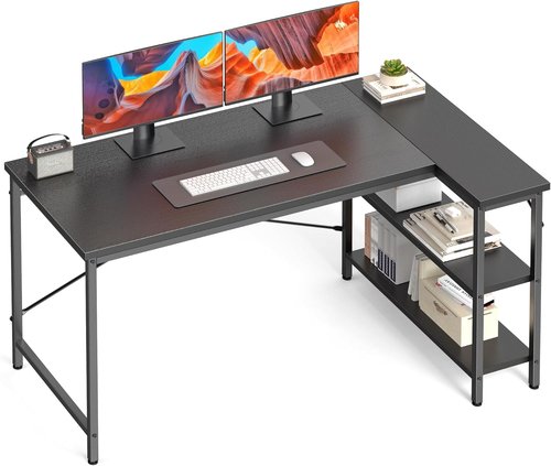 DUMOS L-Shaped Desk - 39 Inch Computer Desk with Reversible Storage Shelves | Modern Black for Home Office & Gaming