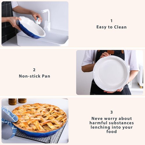 Lareina Ceramic Pie Pans - Non-Stick 9 Inch Deep Dish Set of 2 | Blue, Oven & Dishwasher Safe