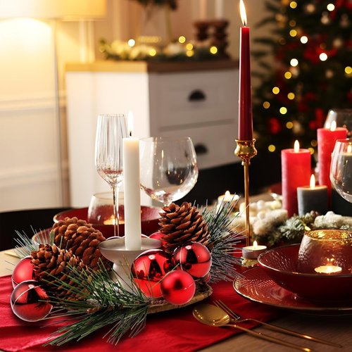 FoldTier Christmas Candle Rings - 4 Pcs Red Berries & Pine Needles Garland | Rustic Table Centerpieces
