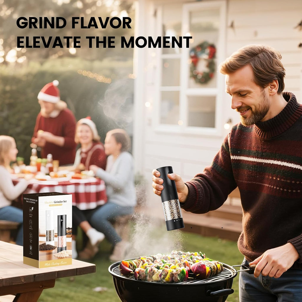 Skiennix Electric Salt and Pepper Grinder Set - Rechargeable Automatic Shakers with Adjustable Coarseness | 2-Pack Black/White