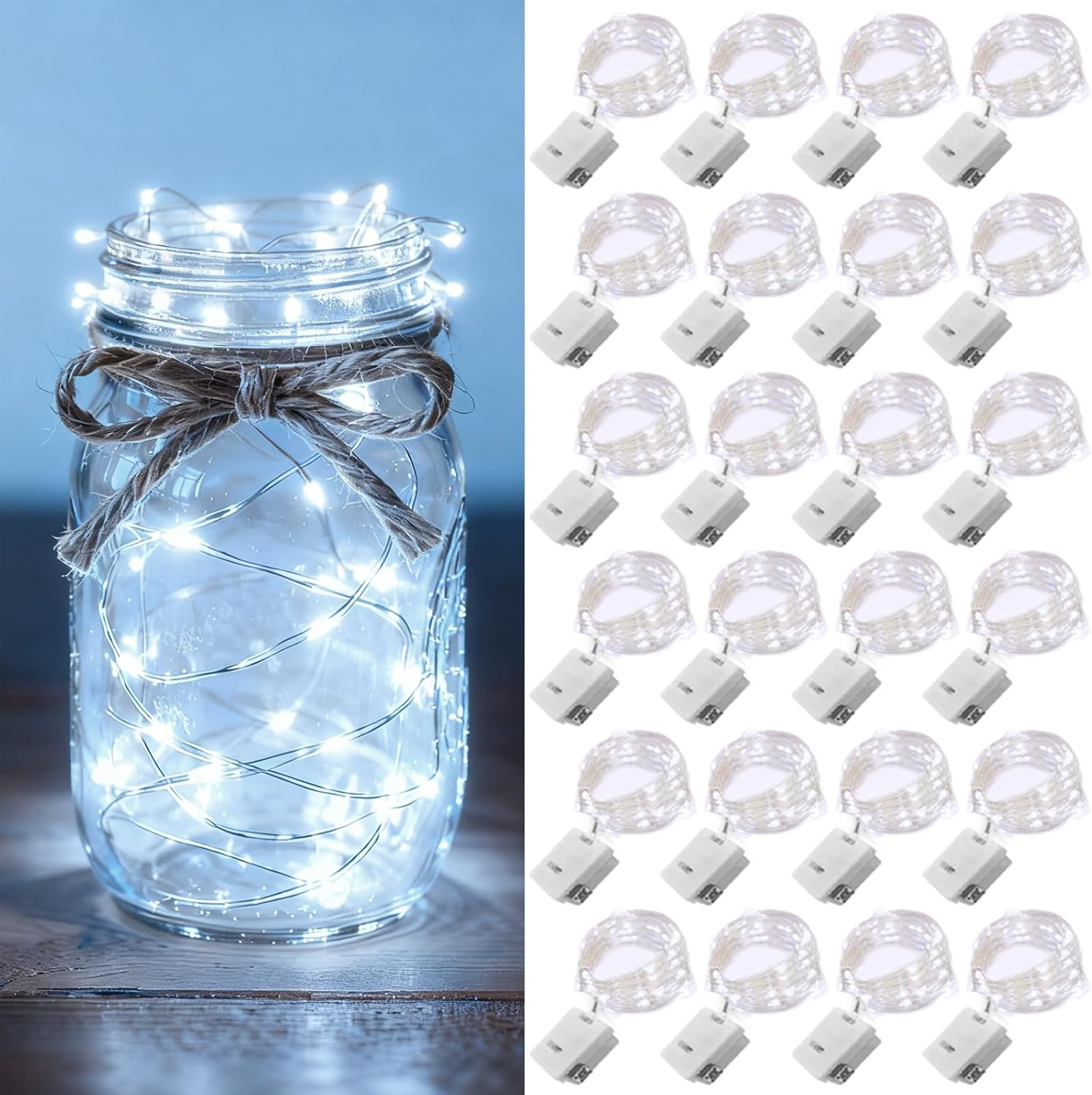 Skiennix 24 Pack Fairy Lights - Battery Operated 7ft Mini Twinkle String Lights | Waterproof Silver Wire for Weddings & Christmas Decor