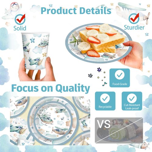 185 Pcs Airplane Baby Shower Decorations Tableware Set Serves 25, Baby Boy Shower Decorations Include Banner, Plates, Tablecloth and Cupcake Toppers, Suitable for Airplane Party