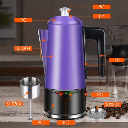 HOMOKUS Electric Coffee Percolator 12 CUPS Percolator Coffee Pot Stainless Steel Percolator Coffee Maker with Clear Knob Cool-touch Handle Auto Keep Warm Function (Purple)