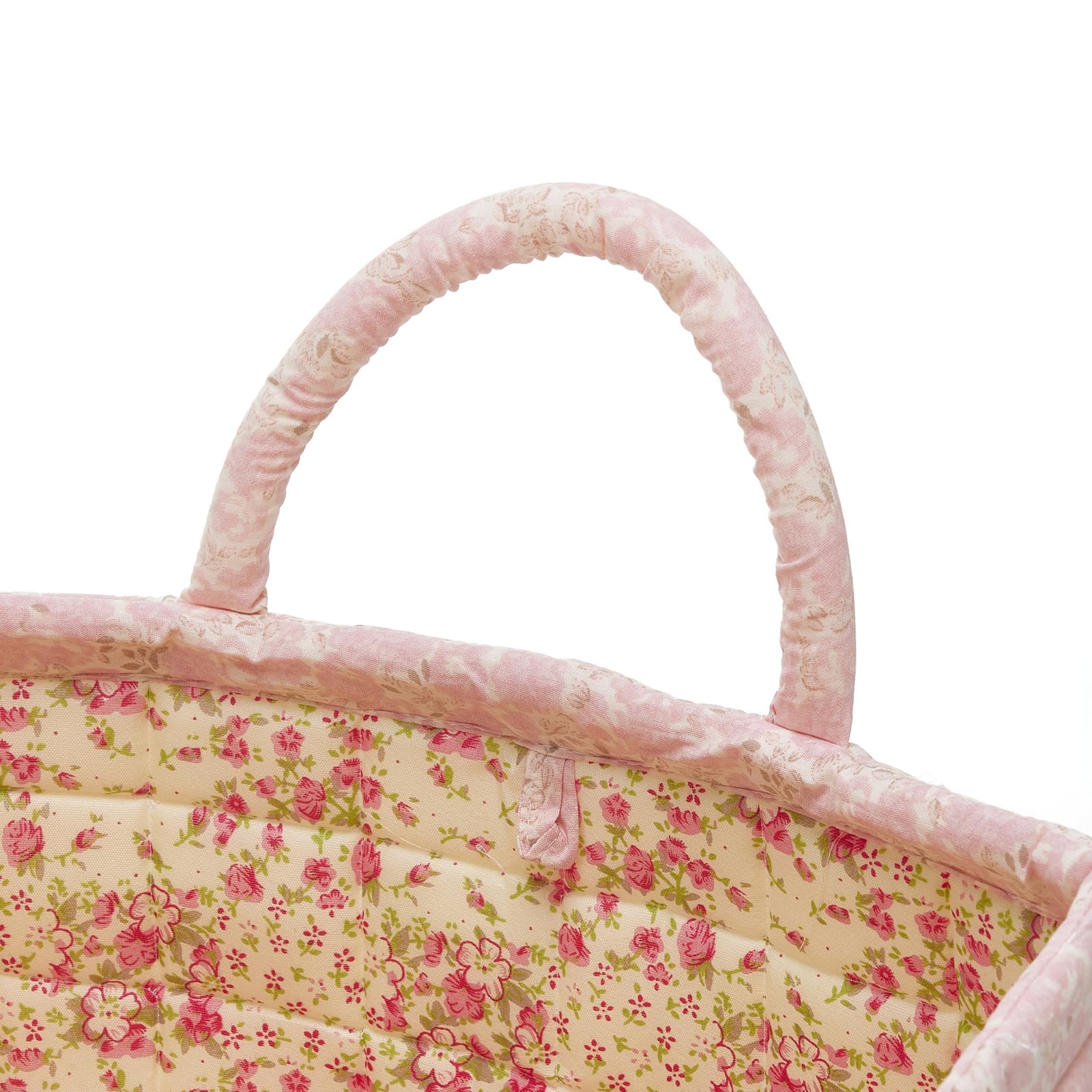 Neaonau Quilted Fabric Storage Basket with Handles & Pocket, Foldable Laundry Hamper Boho Floral Print Organizer Bin for Home, Picnic, Office 12"x10"x10" (A-4)