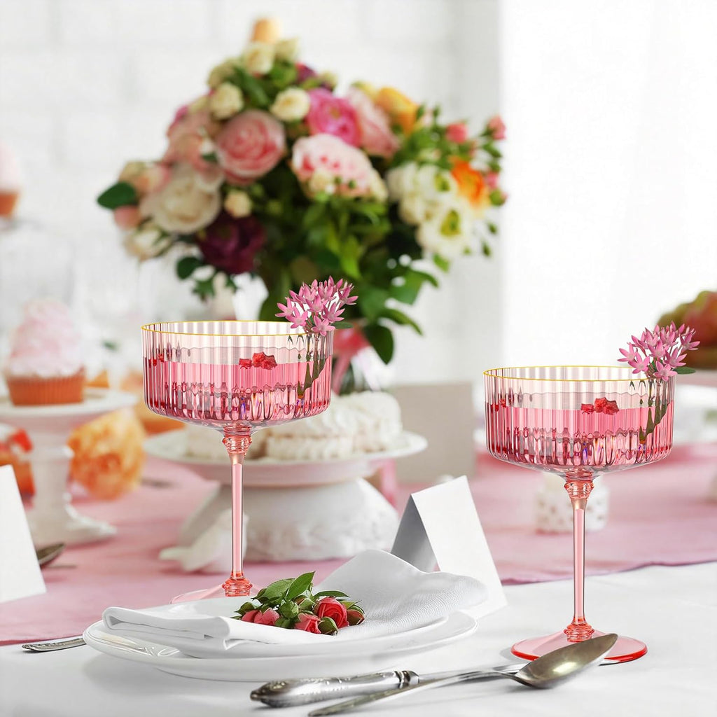Skiennix 12 PCS Pink Ribbed Coupe Glasses - 10oz Vintage Cocktail Glassware with Gold Rim for Parties