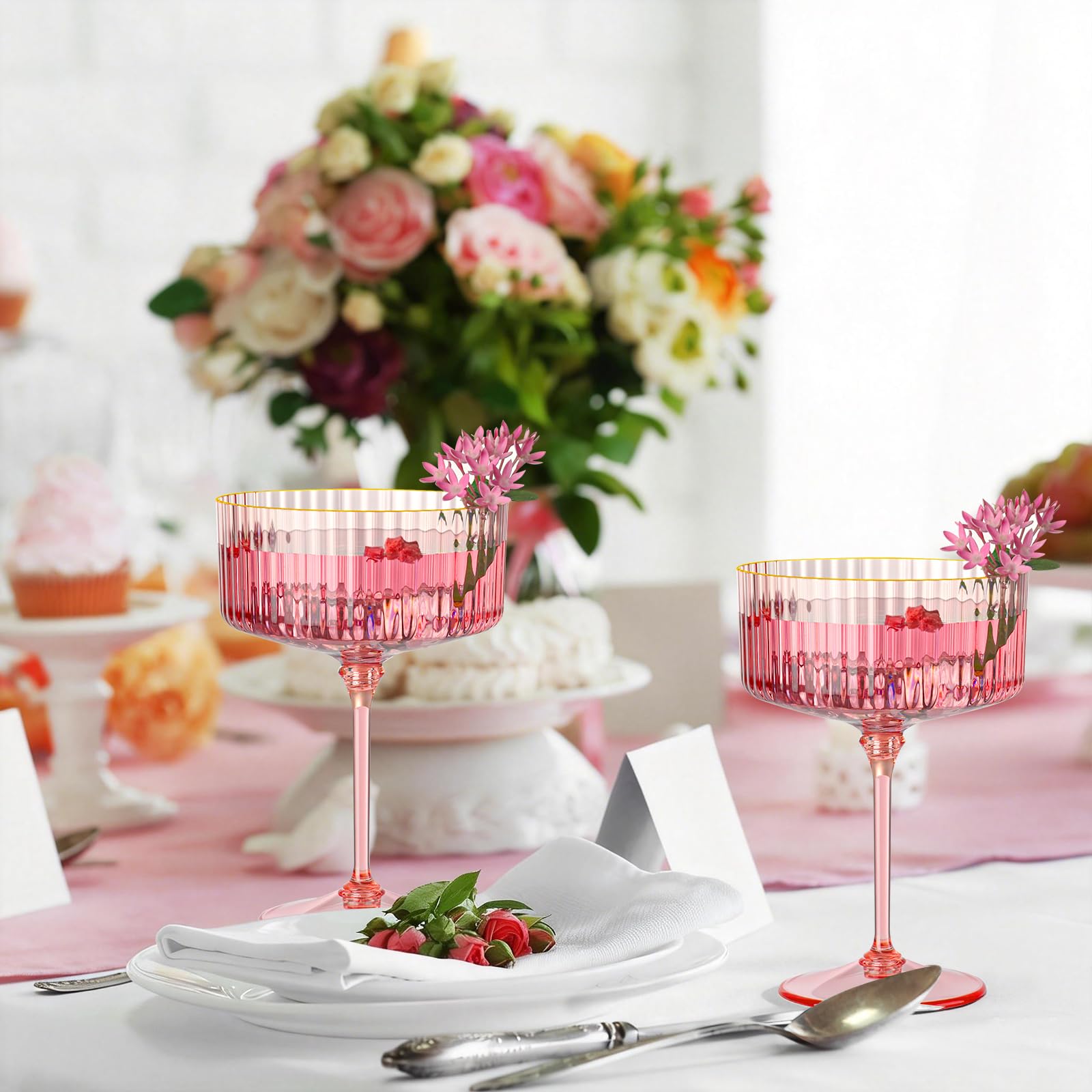 HKSZEH 12 PCS Ribbed Coupe Glasses Pink Plastic Champagne Coupe Cup 10oz Detachable Gold Rim Espresso Martini Glass Vintage Margarita Glassware Cocktail Glass for Wedding Bachelorette Party