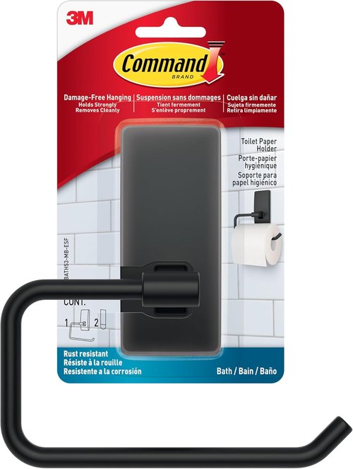 Command Toilet Paper Holder - Matte Black Design with Water Resistant Strips | Rust Resistant Bathroom Organizer