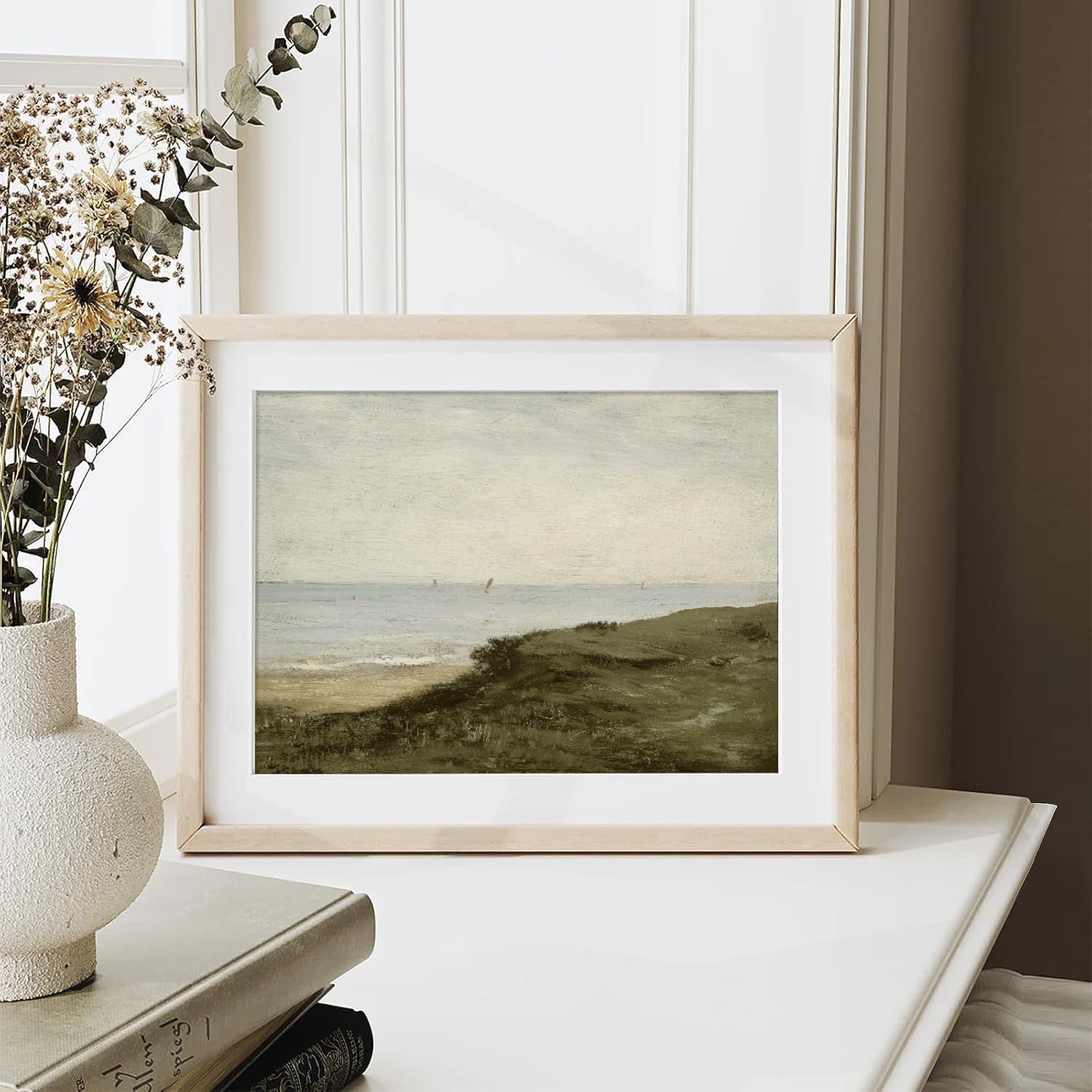 RETRART Vintage Wall Art - Seaside Landscape Painting in Muted Green | 11" x 14" Unframed Canvas Decor