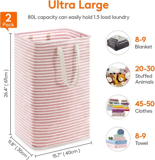 Lifewit Laundry Basket - 80L Collapsible Hamper with Reinforced Handles | Waterproof Design in Pink & Blue