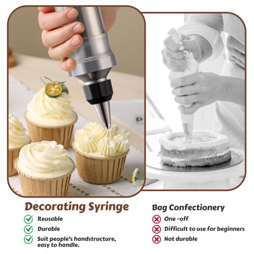 MIKESIER Dessert Decorating Syringe Set, Stainless Steel Frosting & Icing Piping Kit with 6 Tips and 9 Silicone Cupcakes,3 Cream Scraper for Cake Decorating Tools Cupcake Decorating Kit