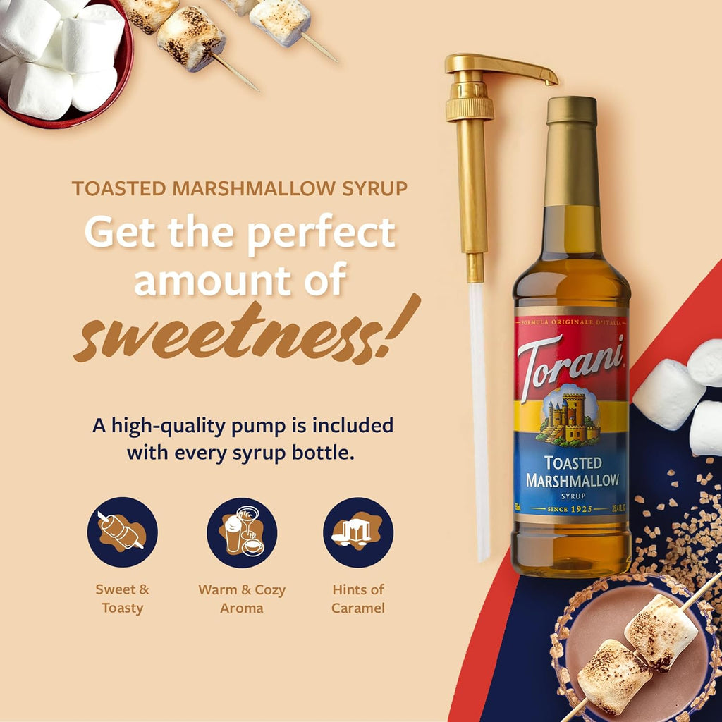 Torani Coffee Syrup - Toasted Marshmallow Flavor for Drinks | Pump Included, 25.4 Fl Oz