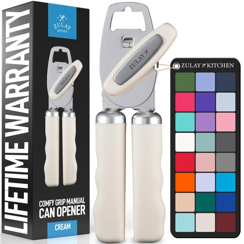 Zulay Kitchen Heavy Duty Stainless Steel Can Opener Manual with Bottle Opener - Rust Proof Manual Can Opener With Turn Knob & Comfy Soft Grip Handles - Cream