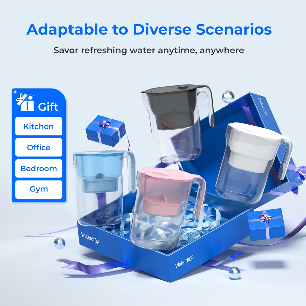 Waterdrop PT-05B-L Water Filter Pitcher, 7-Cup, NSF Certified, 200-Gallon Long-Life Filter Purifier, Reduces Chlorine and PFOA/PFOS, for Countertop, Replaces 6,400 Plastic Water Bottles a Year, Blue