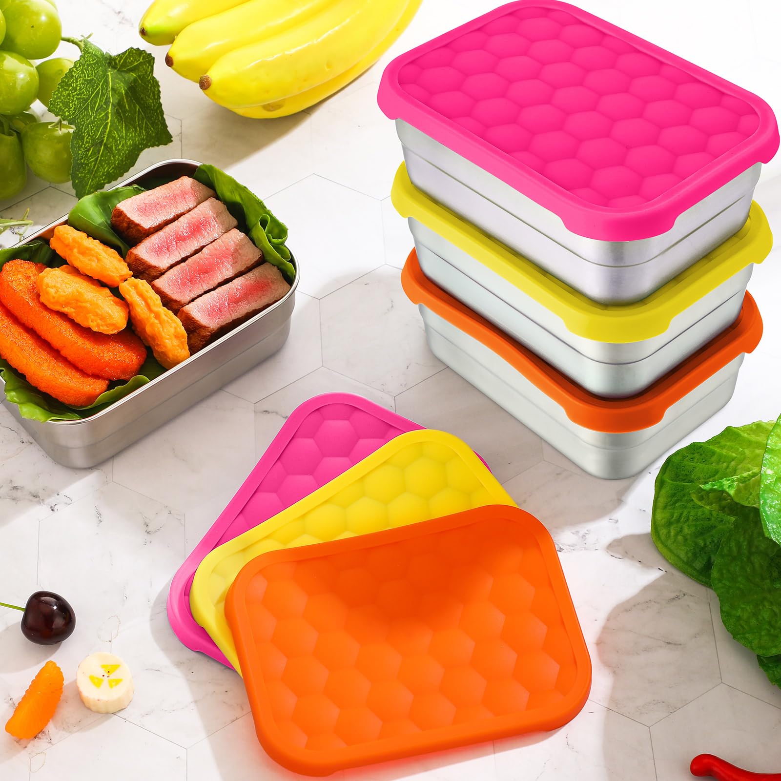 Layhit 6 Pcs Stainless Steel Containers for Kids, 25 oz Lunch Containers with Leak Silicone Lids Reusable Metal Food Snack Box for Child Daycare School Home Storage Supplies(Fresh Color)