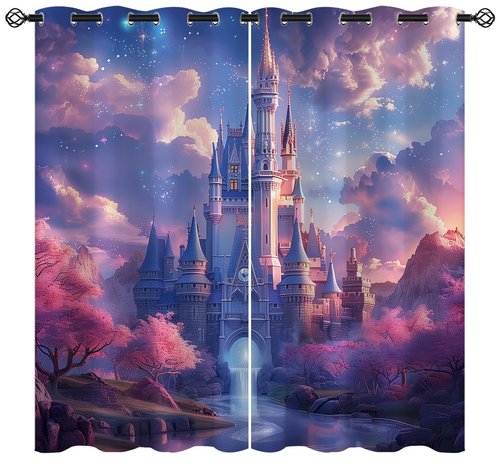 Magic Castle Blackout Curtains for Girls Boy Home Decor, Princess Castle Fairy Tale World Grommet Thermal Insulated Drapes Darkening Window Curtain for Bedroom Living Room, 84 x 84 Inch